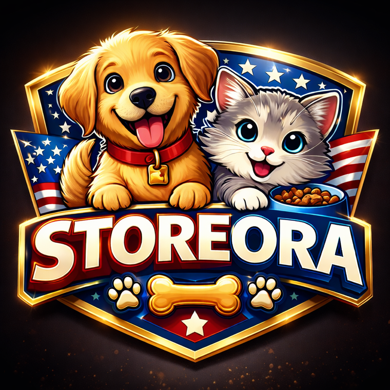 Storeora logo with a puppy and cat on an American flag background