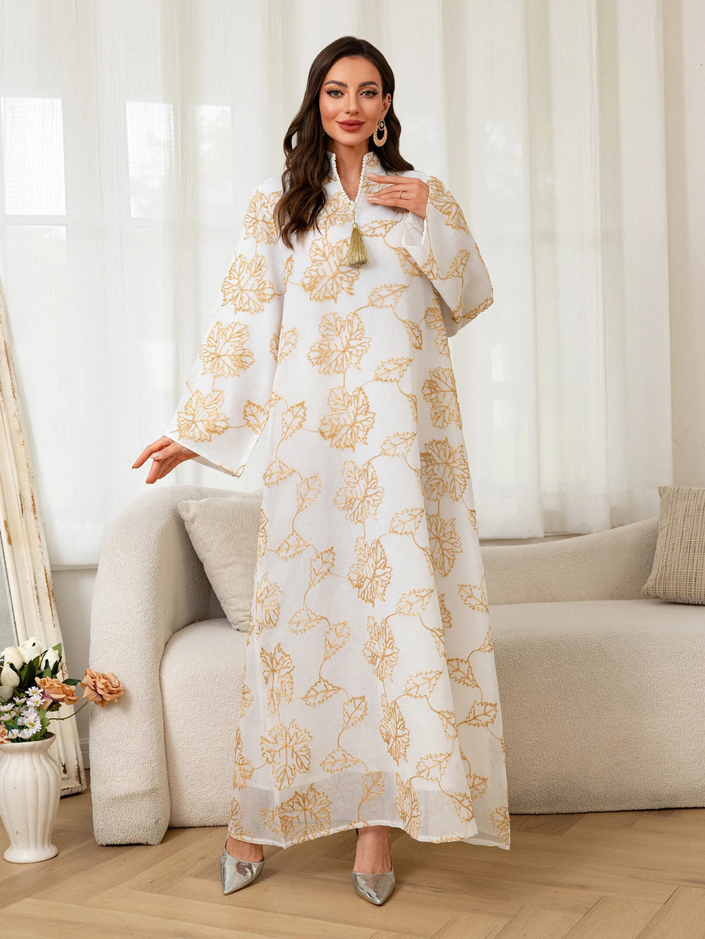Golden Leaf Tassel Abaya – Elegant Everyday & Festive Wear