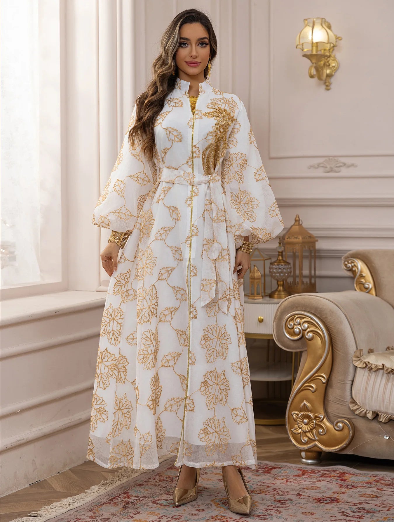 Luxury White Abaya – Gold Embroidered Formal Dress