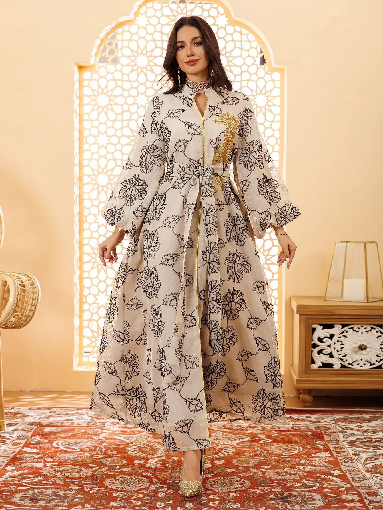 Luxury White Abaya – Gold Embroidered Formal Dress