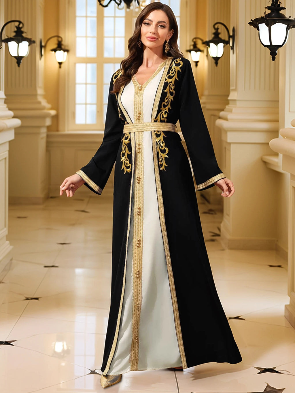 Gold Embroidered Moroccan Kaftan – Elegant Eid Abaya