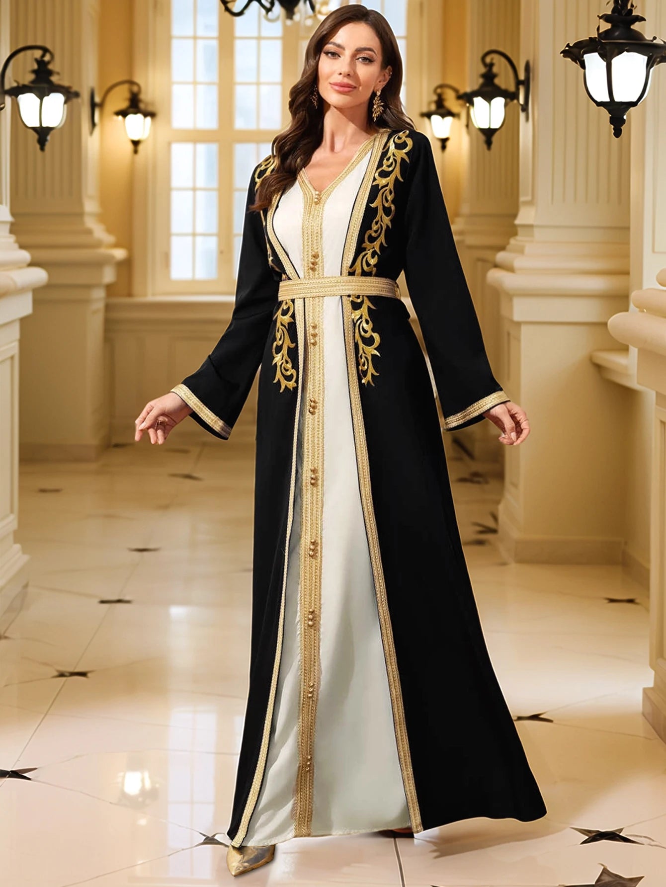 Gold Embroidered Moroccan Kaftan – Elegant Eid Abaya
