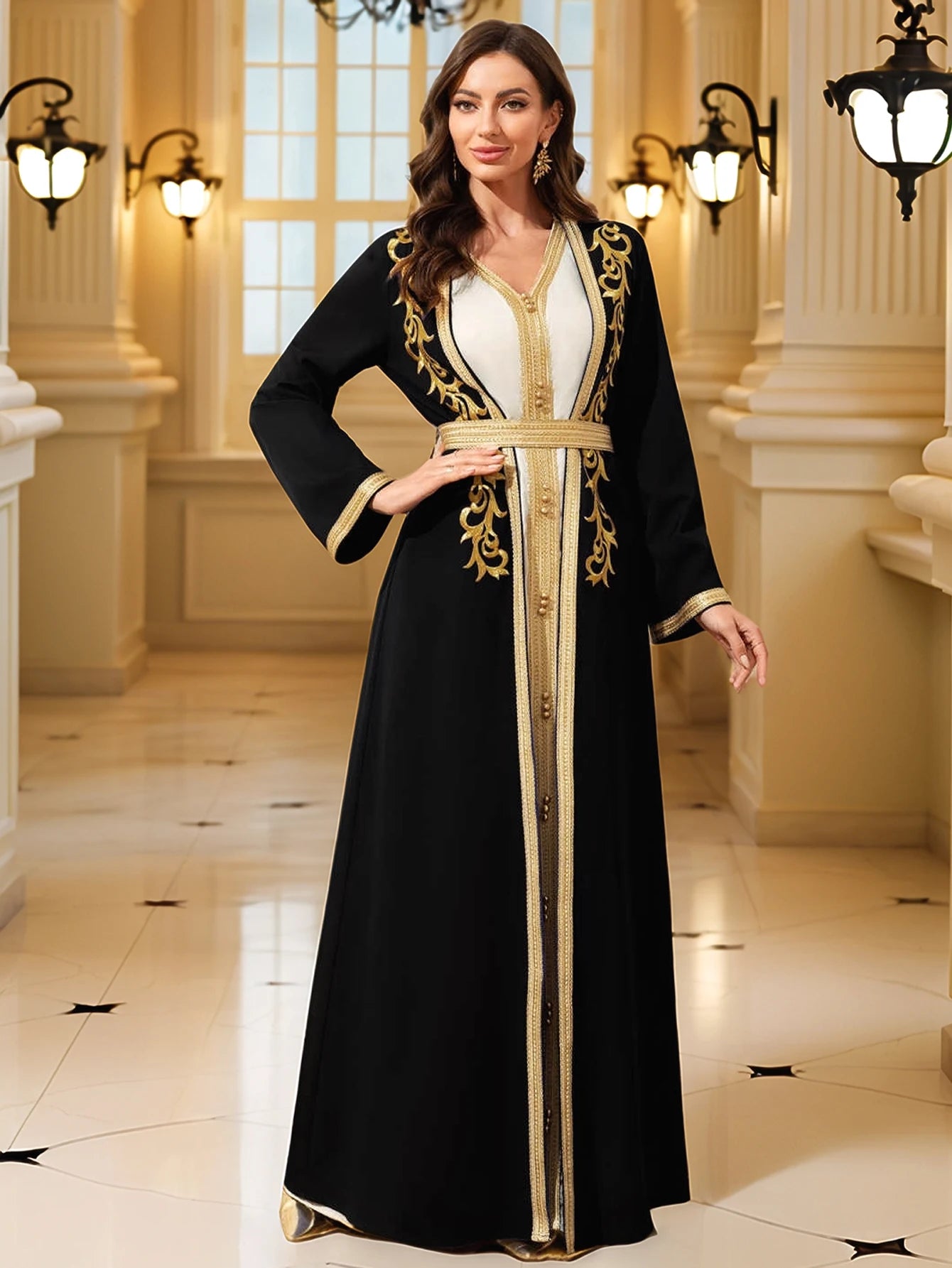 Gold Embroidered Moroccan Kaftan – Elegant Eid Abaya