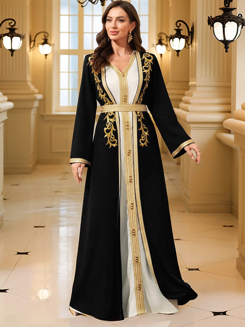 Gold Embroidered Moroccan Kaftan – Elegant Eid Abaya