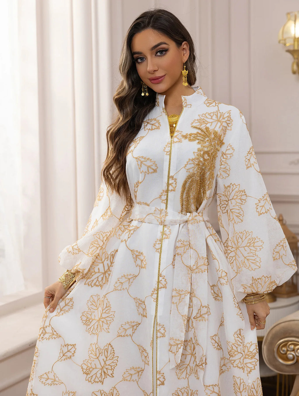 Luxury White Abaya – Gold Embroidered Formal Dress
