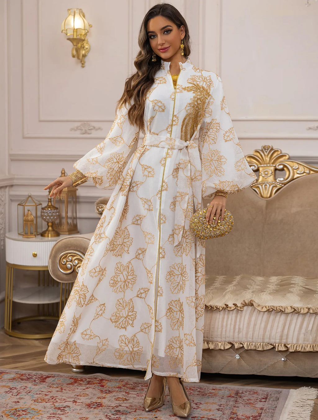 Luxury White Abaya – Gold Embroidered Formal Dress