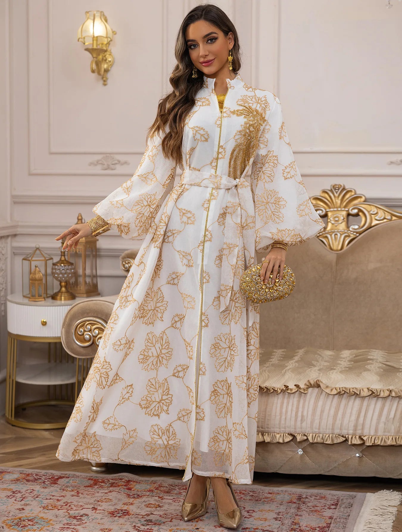 Luxury White Abaya – Gold Embroidered Formal Dress