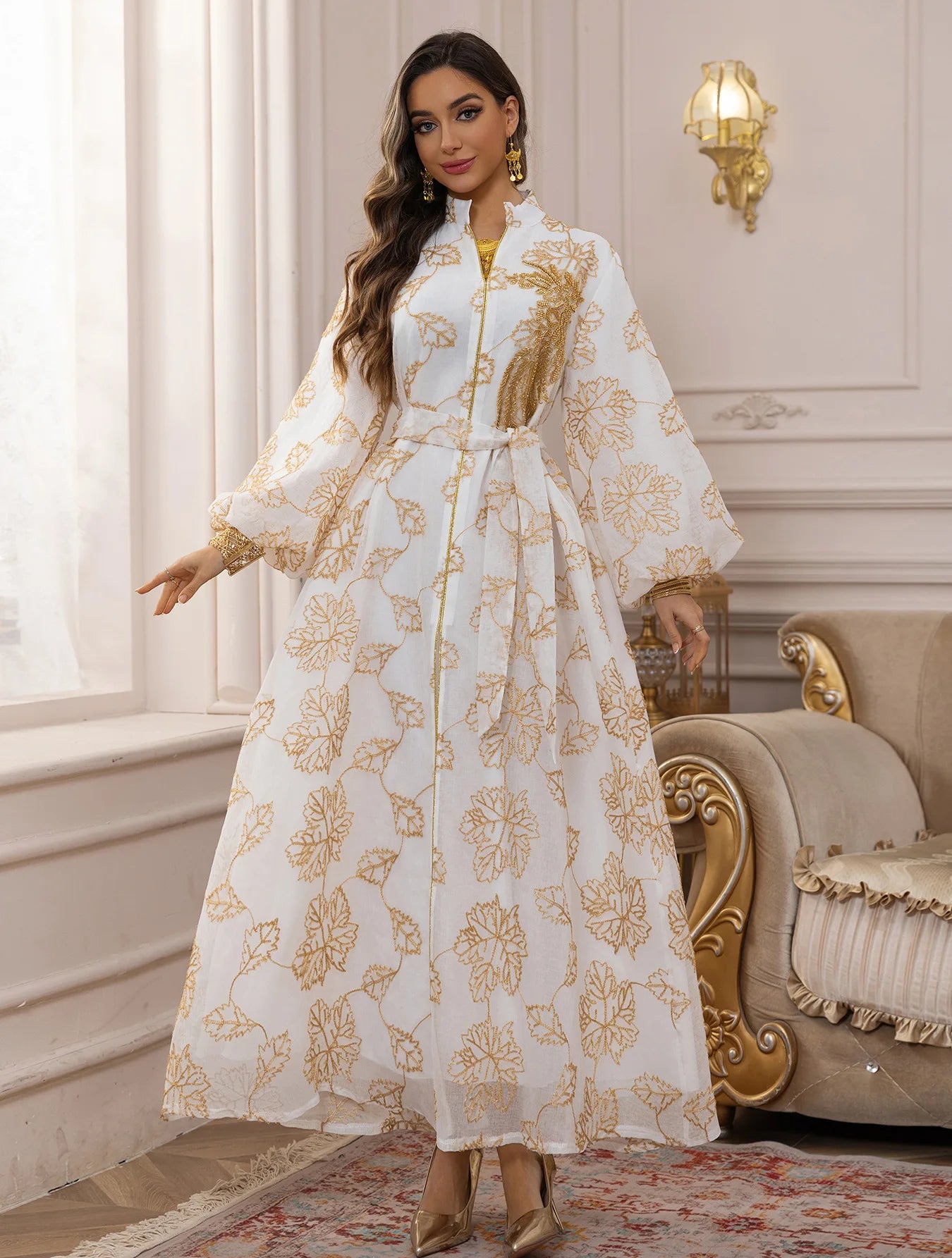 Luxury White Abaya – Gold Embroidered Formal Dress