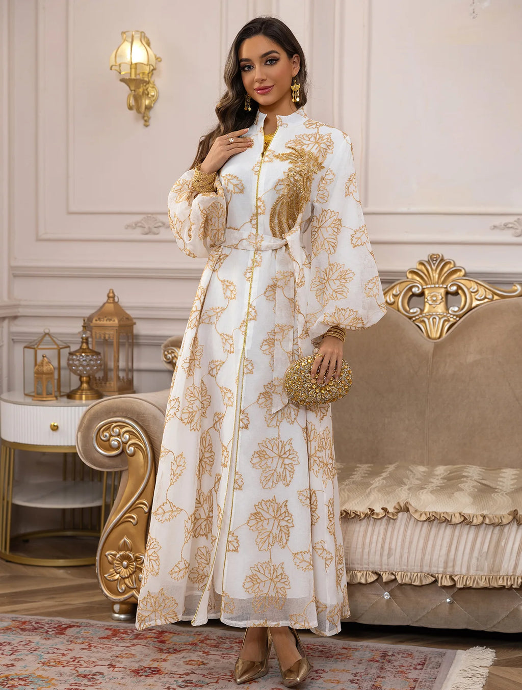 Luxury White Abaya – Gold Embroidered Formal Dress