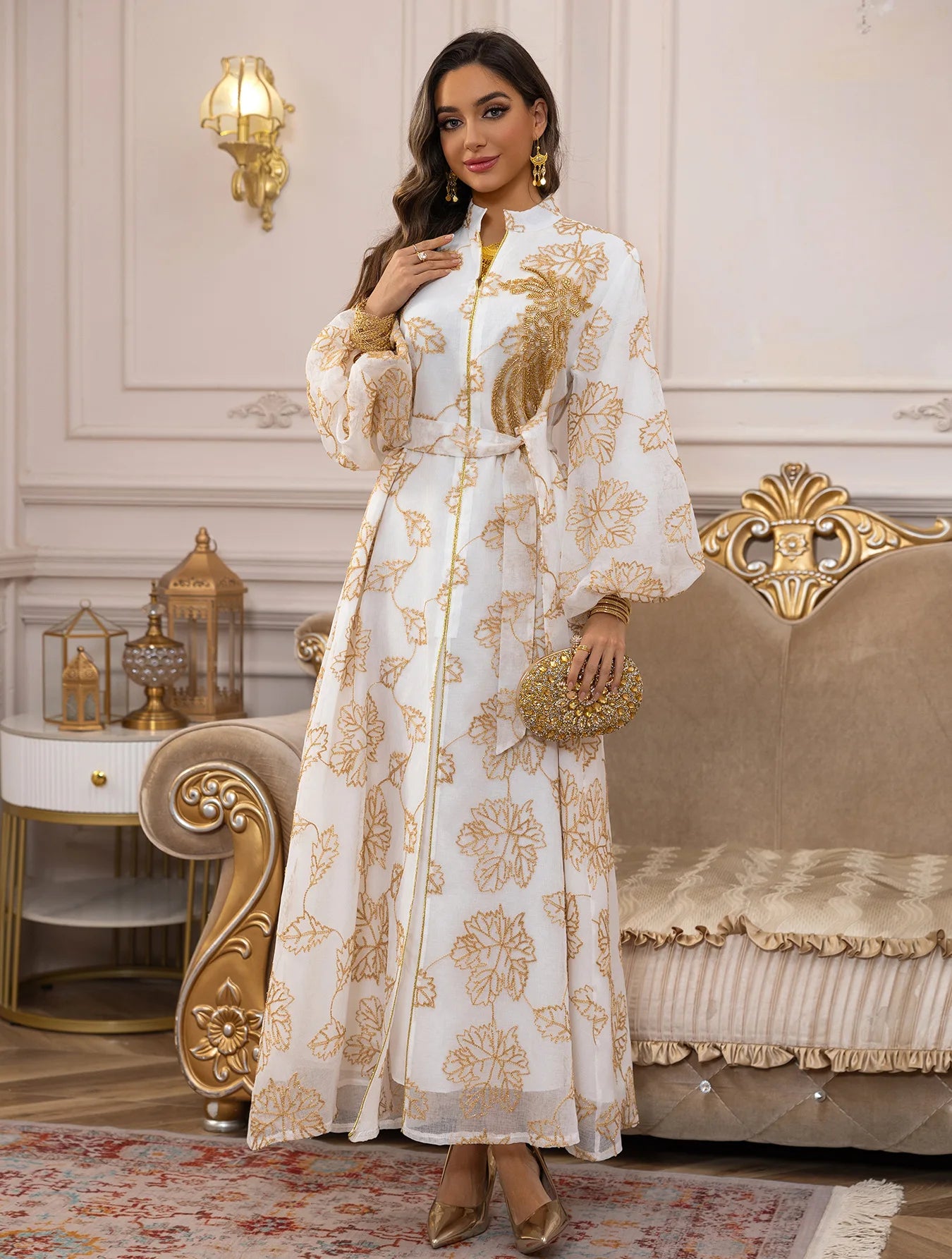 Luxury White Abaya – Gold Embroidered Formal Dress