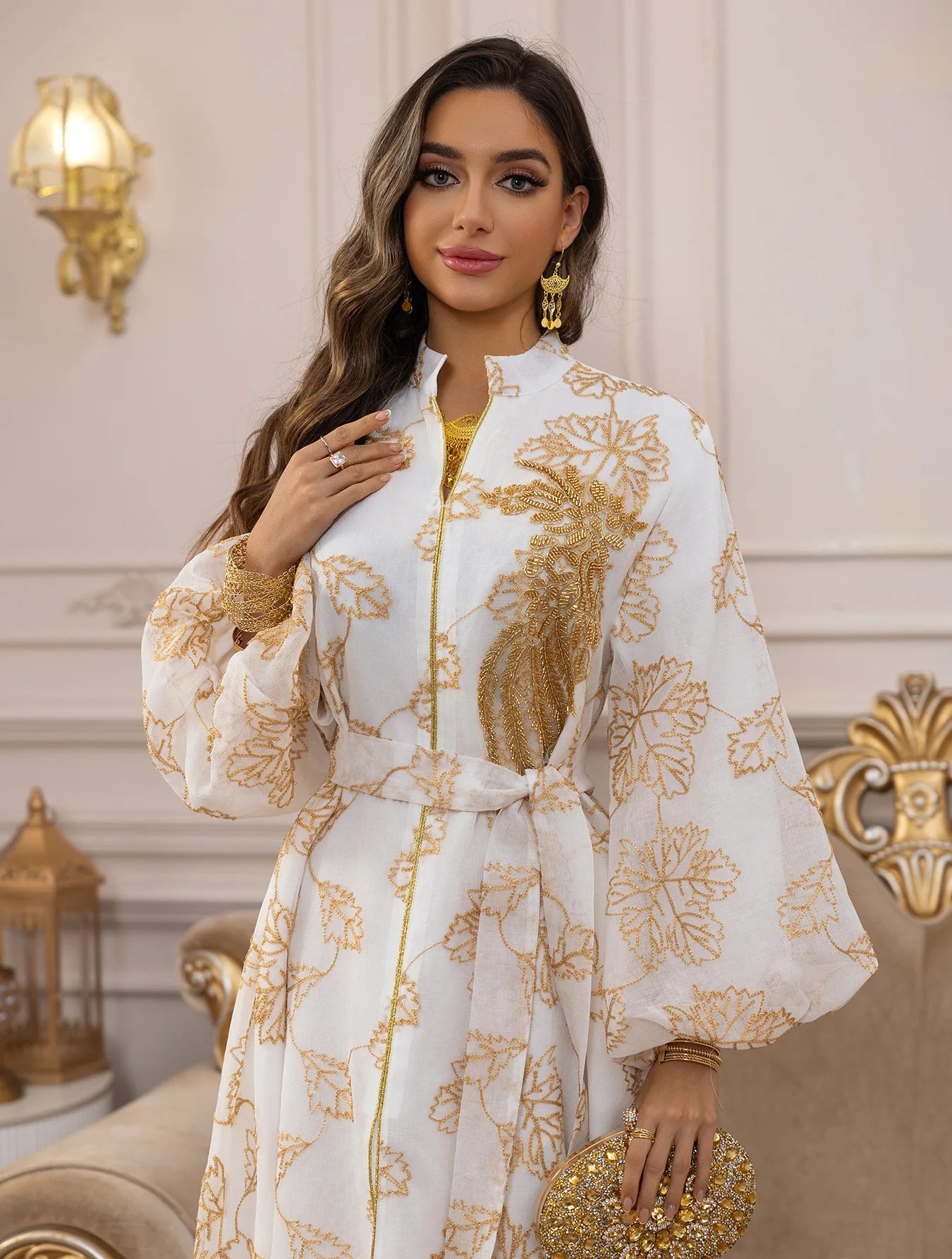 Luxury White Abaya – Gold Embroidered Formal Dress